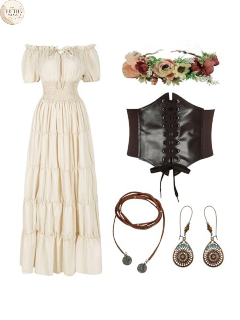 Renaissance Medieval Costume Set Dress Flower Crown Corset Fairy